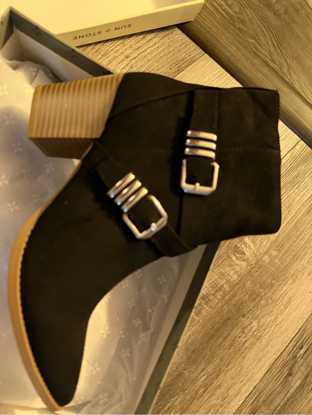 Sun + Stone Black Suede Ankle Bootie with Double Buckle